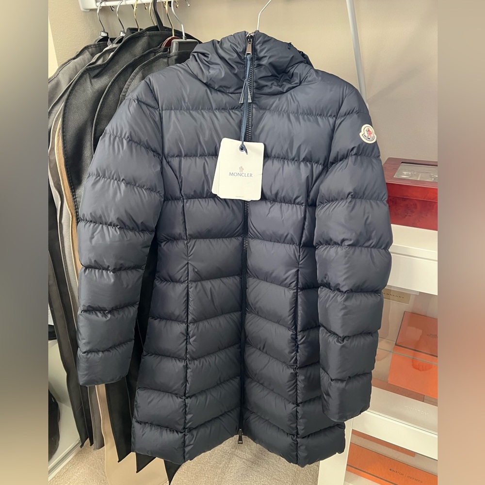 Moncler Gie Long Hooded Navy Blue Puffer Coat Jacket size 00